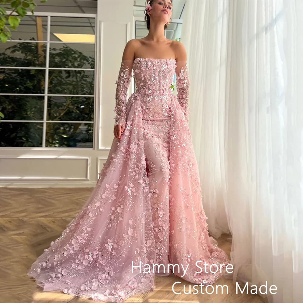 Abito da sera in pizzo ricamato di lusso personalizzato maniche lunghe con perline fiore abito da ballo formale abiti da festa con strascico staccabile