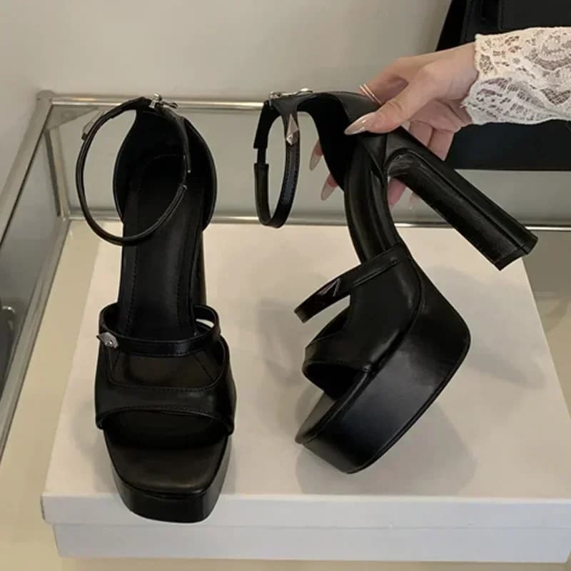 Luxury Patent Leather Platform Sandals Women 2025 Summer Zip Cover Strap Design Chunky High Heels Elegant Banquet Dress Shoes
