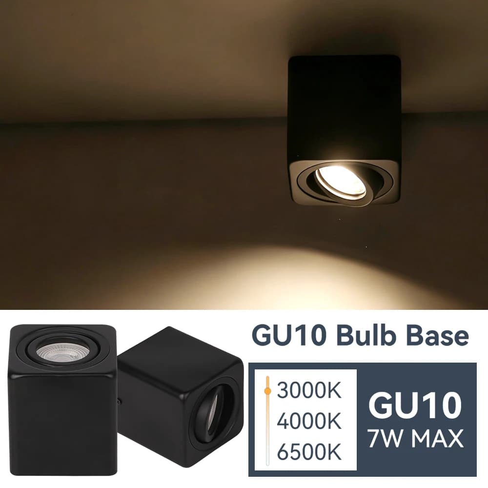 Faretto da Soffitto a Montaggio Superficiale, Lampadina GU10 Sostituibile, Luce Spot Regolabile AC85-265V, Faretto con Angolo Variabile, 3 Colori Cangianti