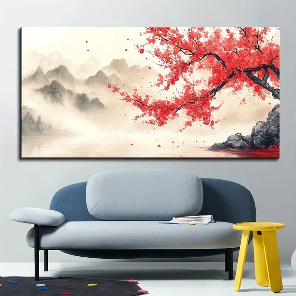 1.5 inch thick pine solid wood frame, Chinese mural "pink sponge", modern hanging image with landscape decoration in black and white