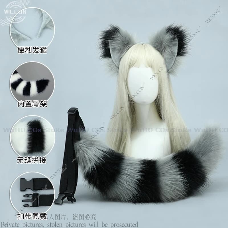 Orecchie di animali e coda di animale Cosplay peloso Gioco di ruolo Copricapo di peluche Coda di volpe Carino Nero Grigio Marrone Festa di Halloween Donna Uomo