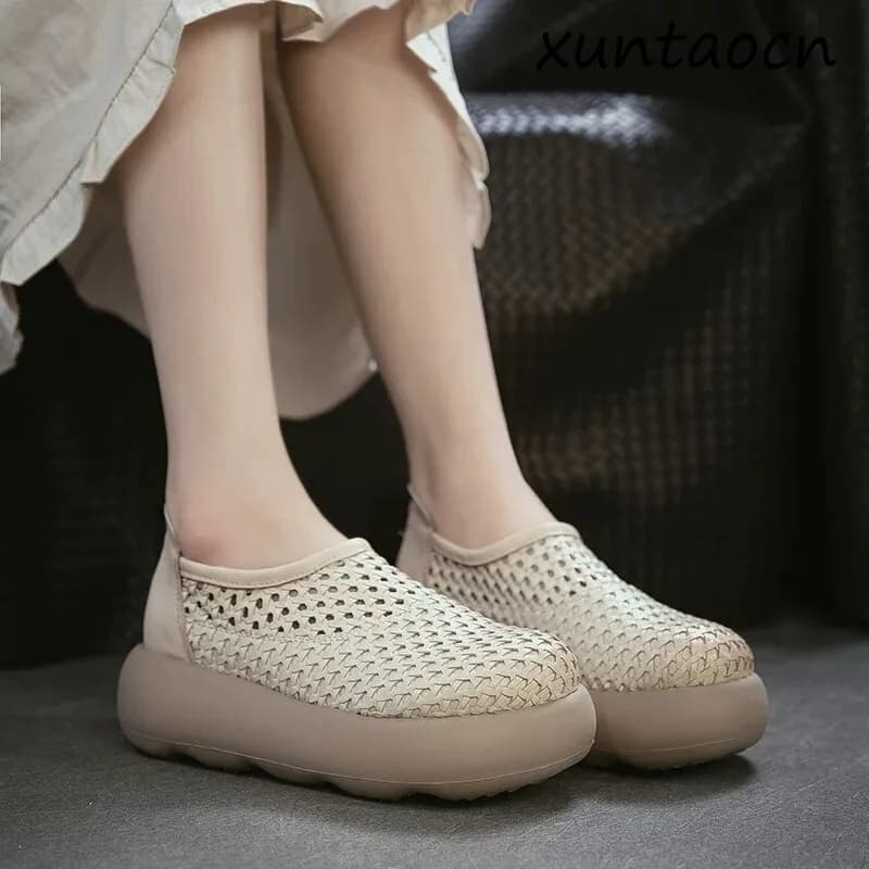Women Wedges Heel Shoes Summer Handmade Weave Cow Genuine Leather Hollow Out Breathable Retro Platform Shoes Footwear