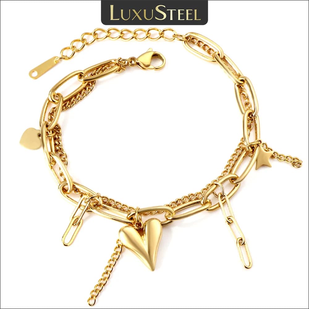 LUXUSTEEL Fashion Star Heart Charm bracciali a strati per donna ragazze graffetta in acciaio inossidabile catena a maglia cubana su gioielli a mano