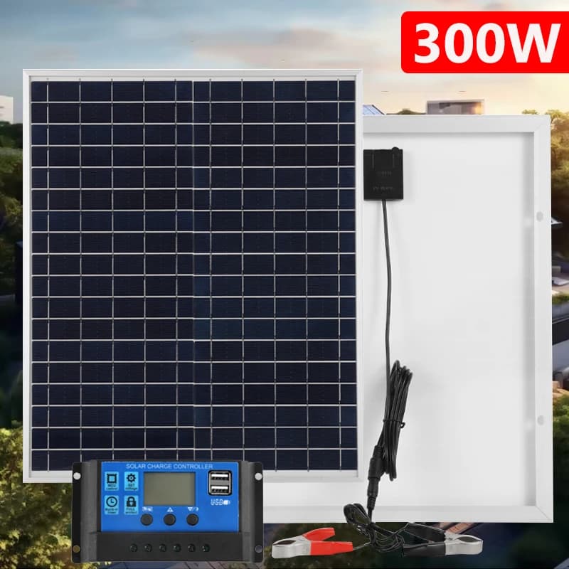 Kit Pannello Solare 300W Completo con Telaio in Alluminio, Cella Solare Policristallina con Interfaccia DC, Portatile per Ricarica di Emergenza all'Aperto