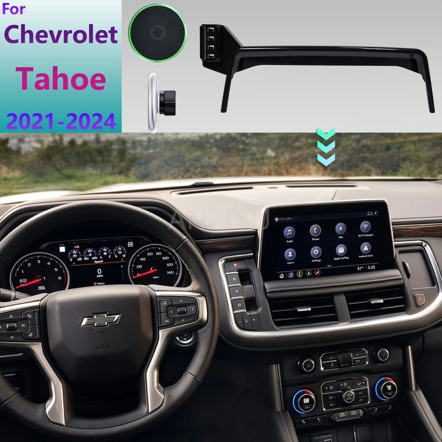 Per Chevrolet Tahoe 2024 2023 2022 2021 Supporto per telefono per auto Schermo Base fissa Supporto di ricarica wireless per telefono cellulare magnetico MagSafe