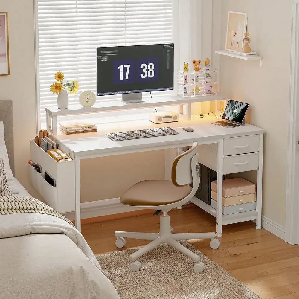 40 Home Office Desk With Power Outlets LED Strip And Monitor Stand, Computer Desk With Drawers Storage Bag For Small Space,Whit