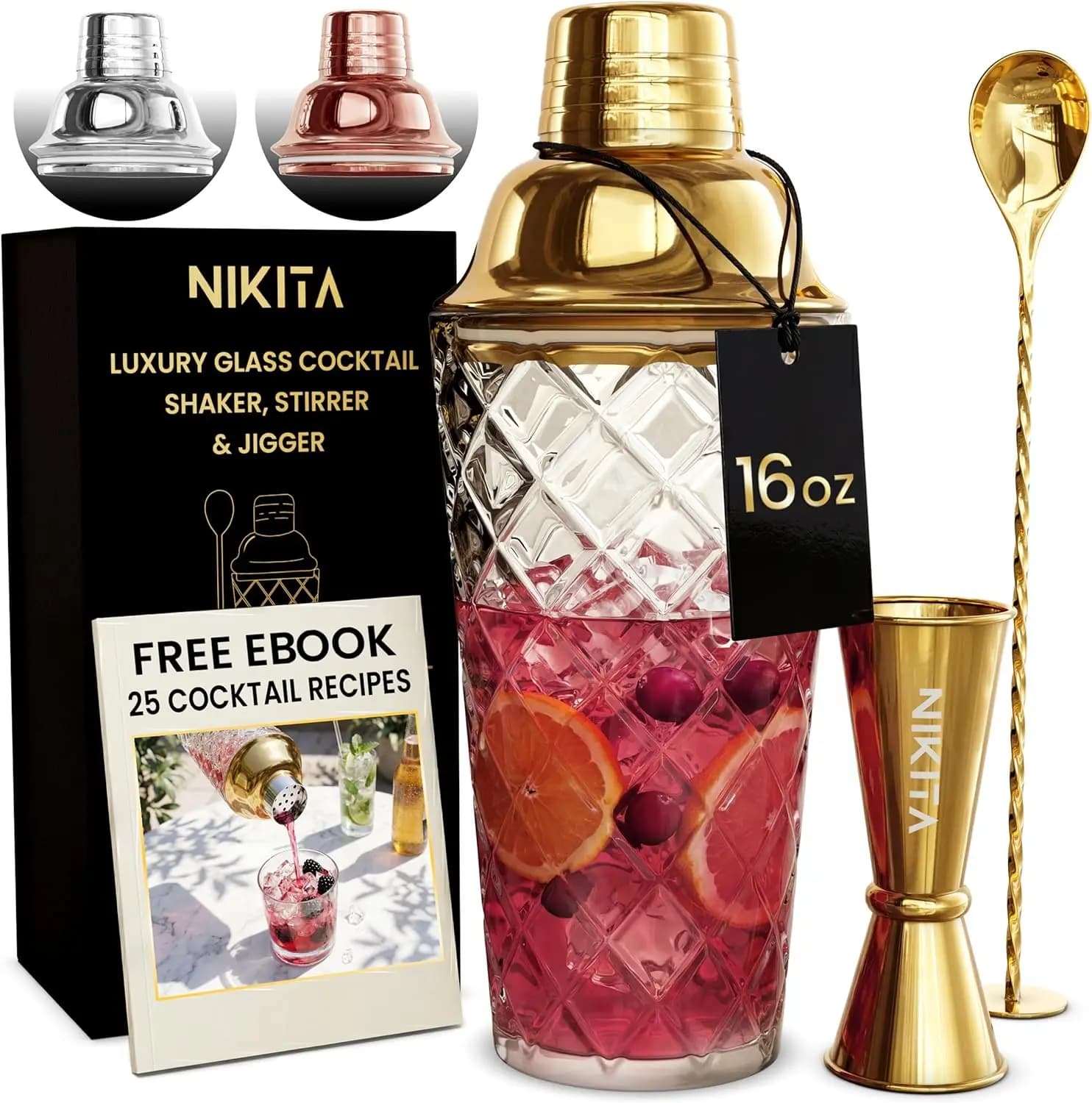 Set da Cocktail Martini 5 Pezzi con Strainer, Jigger, Cucchiaio e Muddler - Mixer per Bevande da 16oz per Barman Professionisti