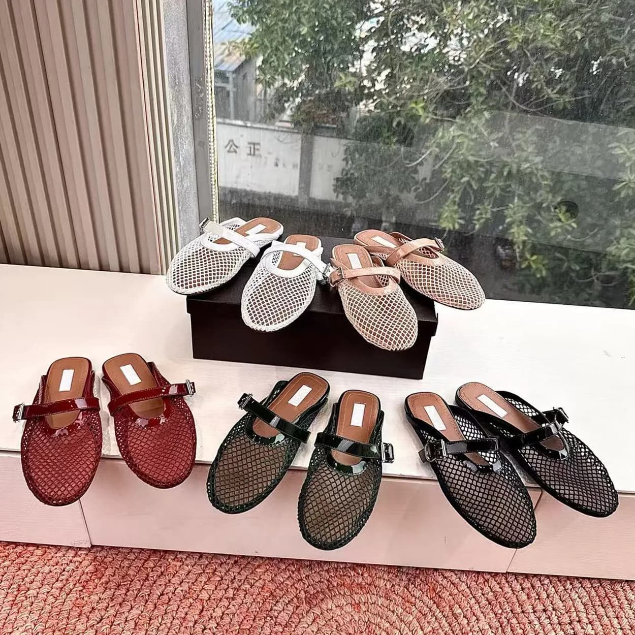 2026 Summer New French Ballet Shoes Flat Leather Muller Slippers Women's Outerwear Hollow Fishing Net Shoes Mesh Cold Slippers