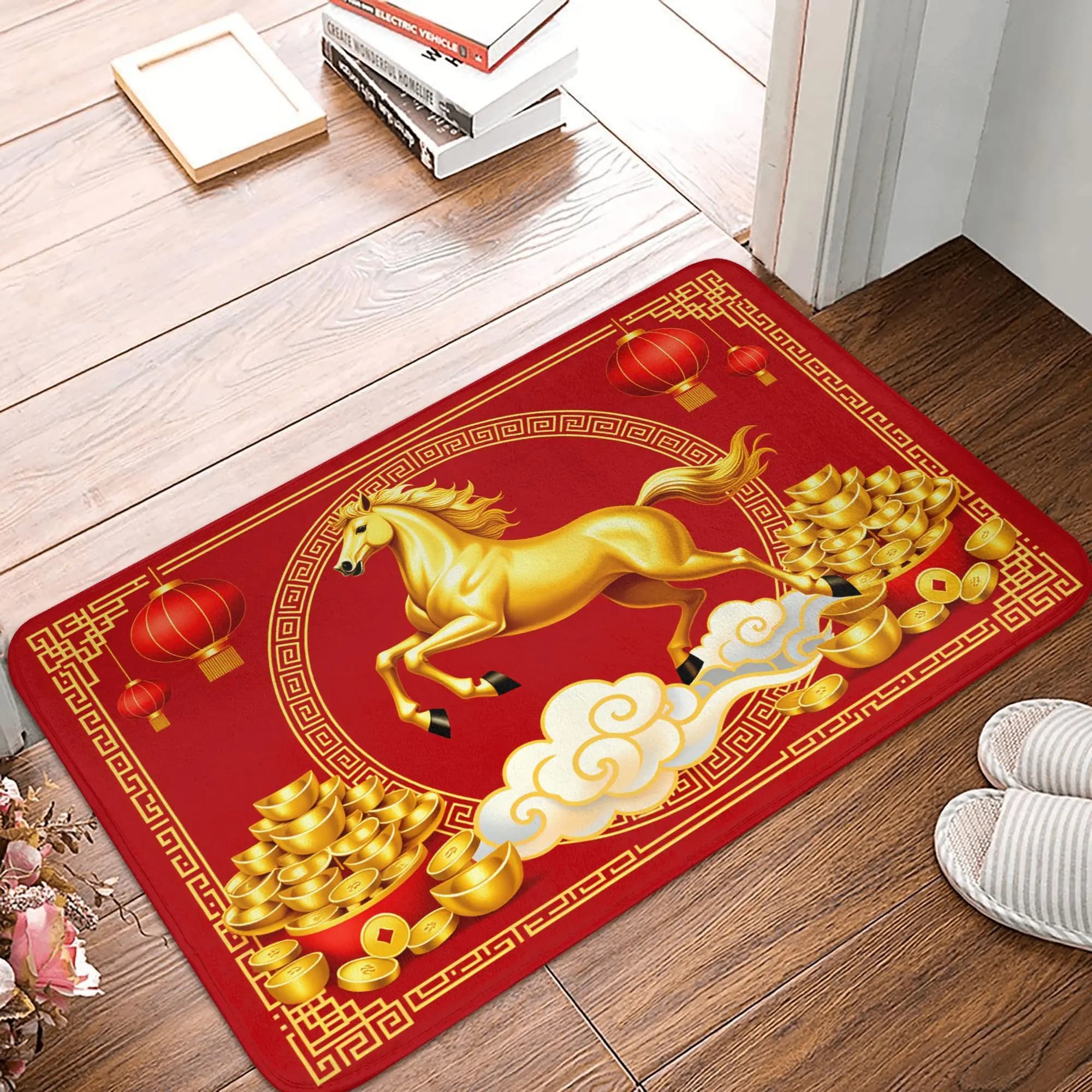 Tappeto d'ingresso per porta esterna con motivo Cavallo Rosso 2026, per Capodanno, cucina, bagno, balcone