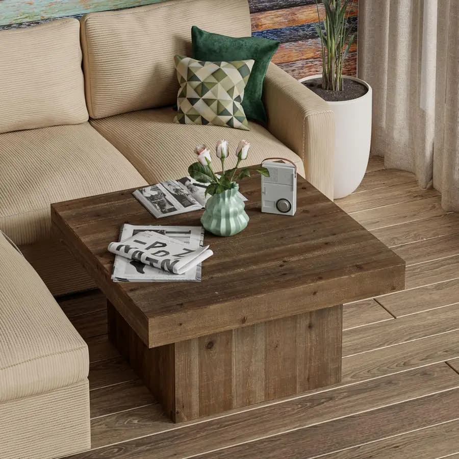 Tavolino da Caffè in Legno Stile Fattoria Moderna, Tavolo Quadrato Rustico con Base Cubica per Famiglia, Soggiorno, Salotto, Naturale
