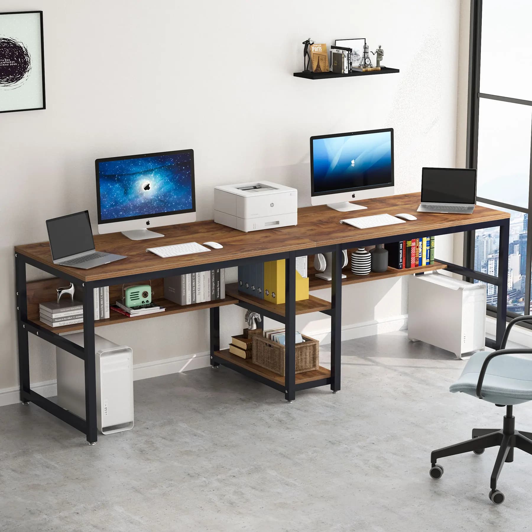 Tribesigns scrivania per due persone con libreria, scrivania doppia per ufficio 78.7 Computer per due persone, postazione di lavoro rustica per scrivania