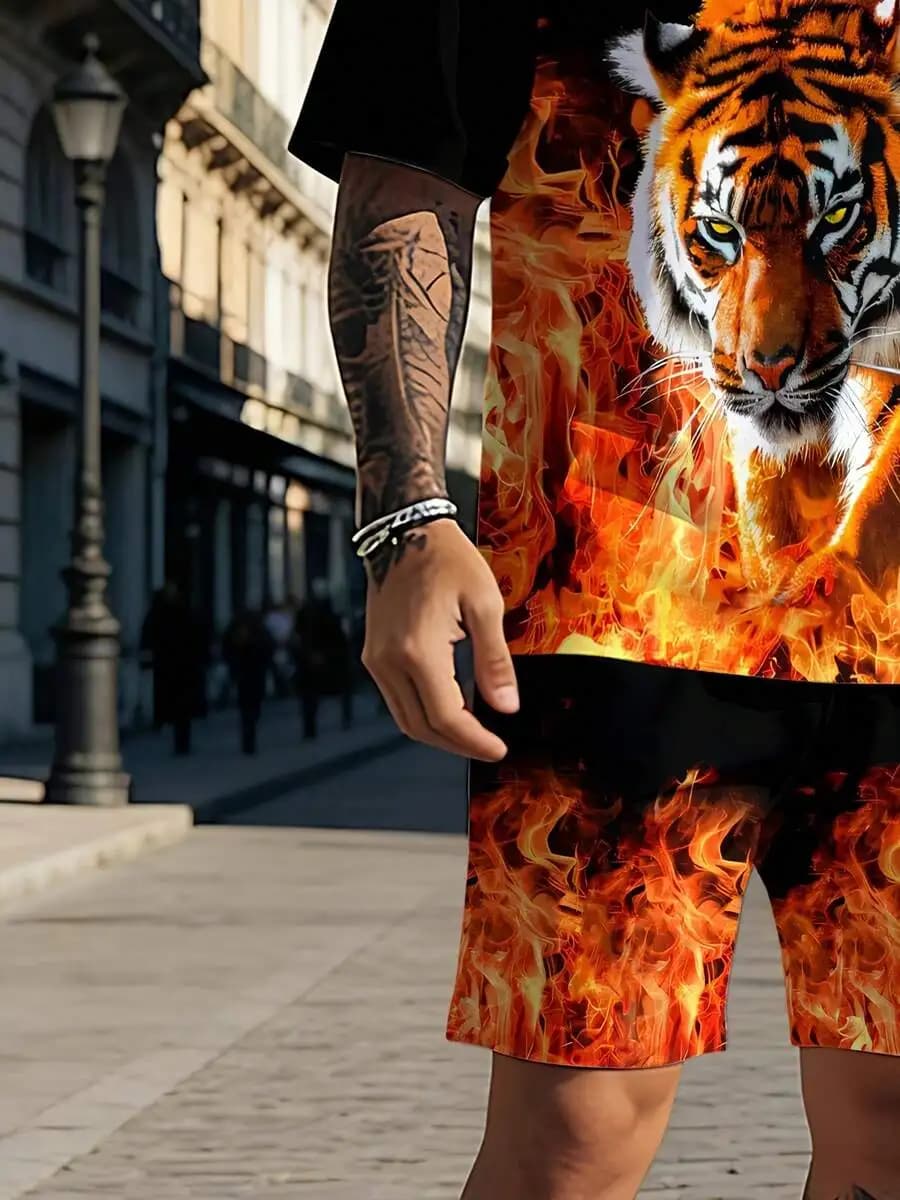 Set sportivo casual traspirante con stampa tigre 3D da uomo, t-shirt girocollo e pantaloncini, abbigliamento estivo per esterni