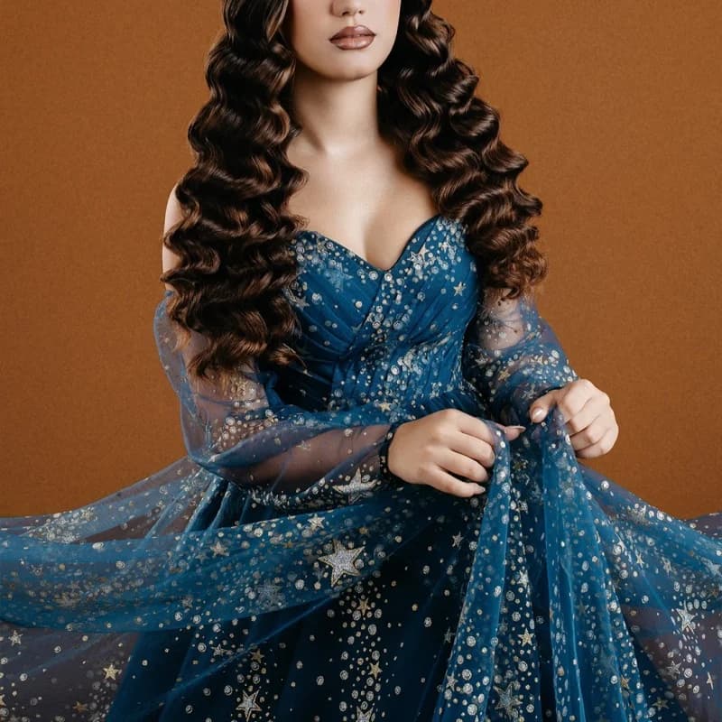 Dark Blue Quinceanera Dress Crystal Golden Glitter Decal Long tail off-shoulder Lace Tull Vestidos De 15 Quinceanera Customize