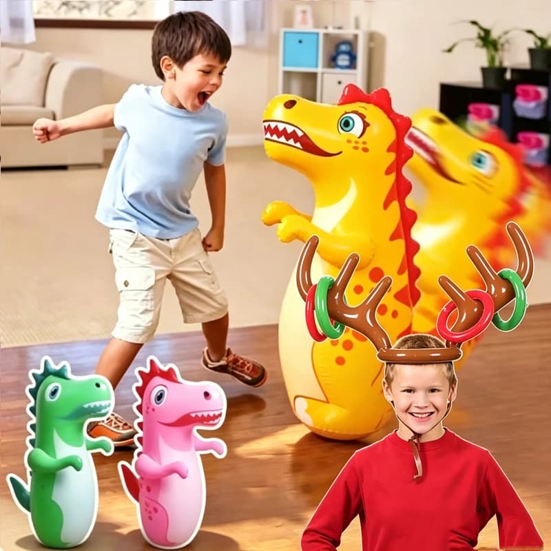 Inflatable Kids Party Game Toys – Dinosaur Punching Bag Tumbler & Xmas Reindeer Antler Ring Toss for Indoor Outdoor Activities