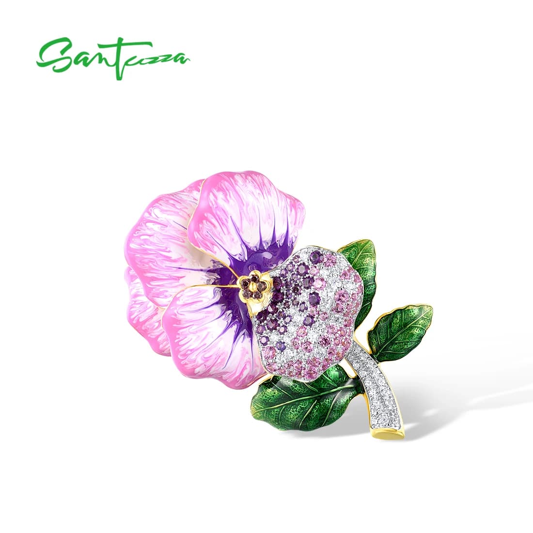 SANTUZZA Reale 925 Spilla In Argento Sterling per Le Donne Scintillante Rosa Zaffiro Viola Fiore Del Partito Gioielleria Raffinata Smalto Fatto A Mano