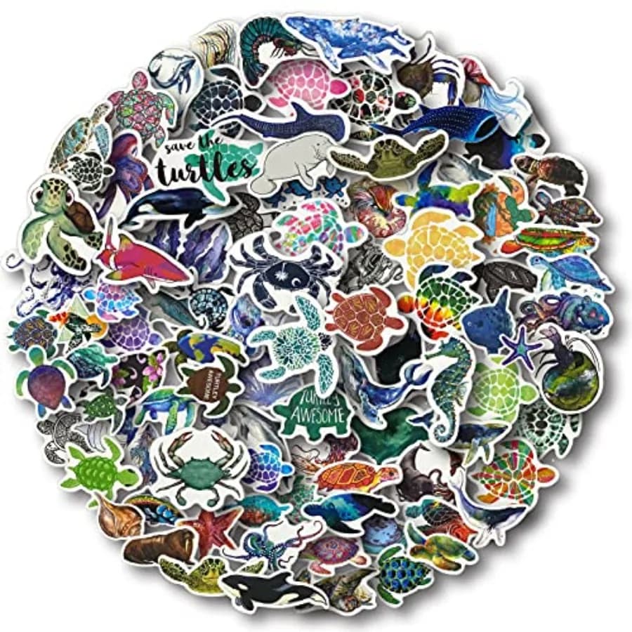 100 Pcs Ocean Animal Stickers for Scrapbooking, Waterproof Vinyl Sea Life Sticker Pack in Blue and Teal with Vibrant Print and