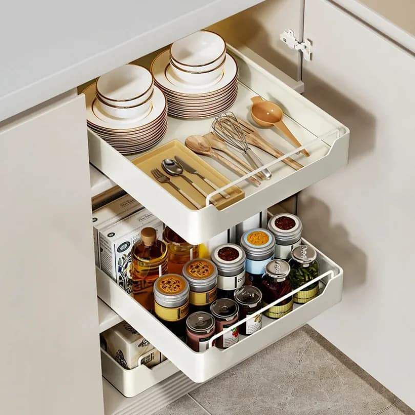Cesto organizer da cucina estraibile con guide scorrevoli per armadietto, scaffale porta spezie e ripiani dispensa