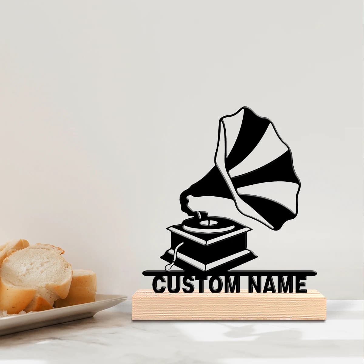 Custom Grammophone Shape Metal Statue with Wood Base, Table Decoration, Fantastic Desk Sculpture