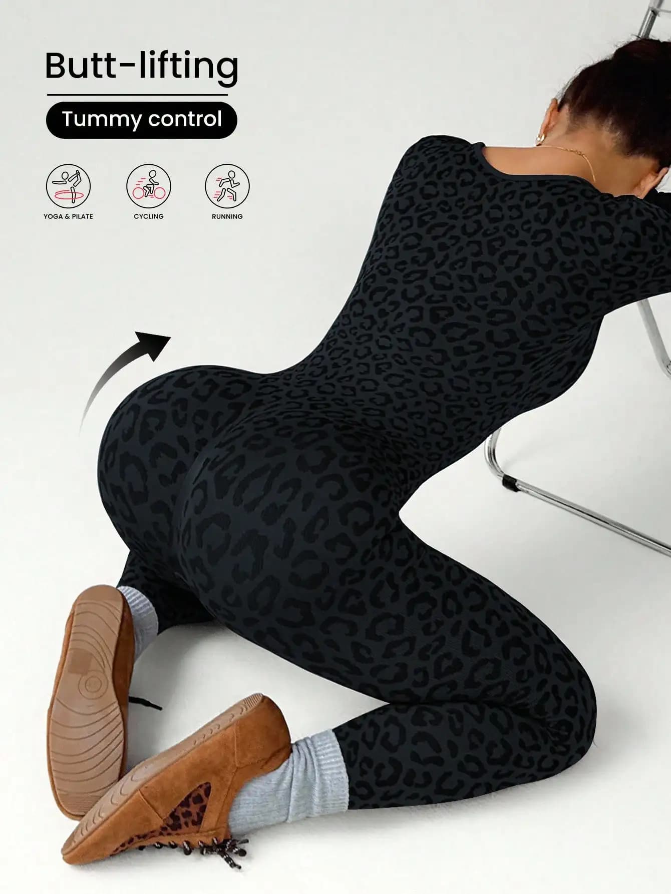 Tuta attillata con stampa leopardata stile ragazza piccante per dimagrire, abbracciare i fianchi, colletto a U, tuta elastica a maniche lunghe