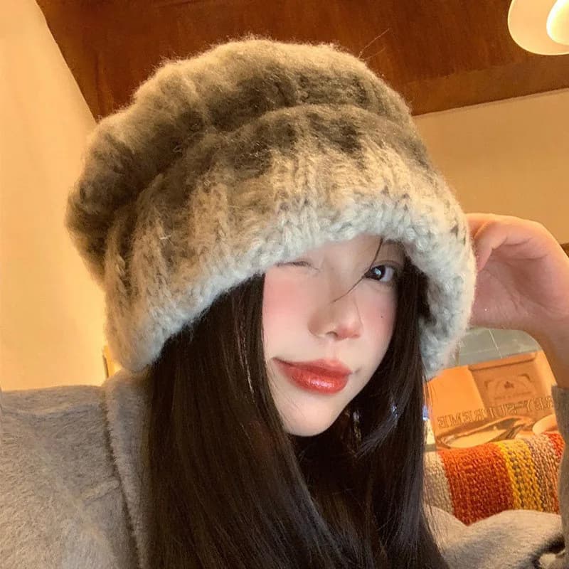 Cappello lavorato a maglia sfumato invernale per donna Circonferenza della testa grande Berretto di protezione per le orecchie caldo Cappello slouchy stile coreano Copricapo di moda