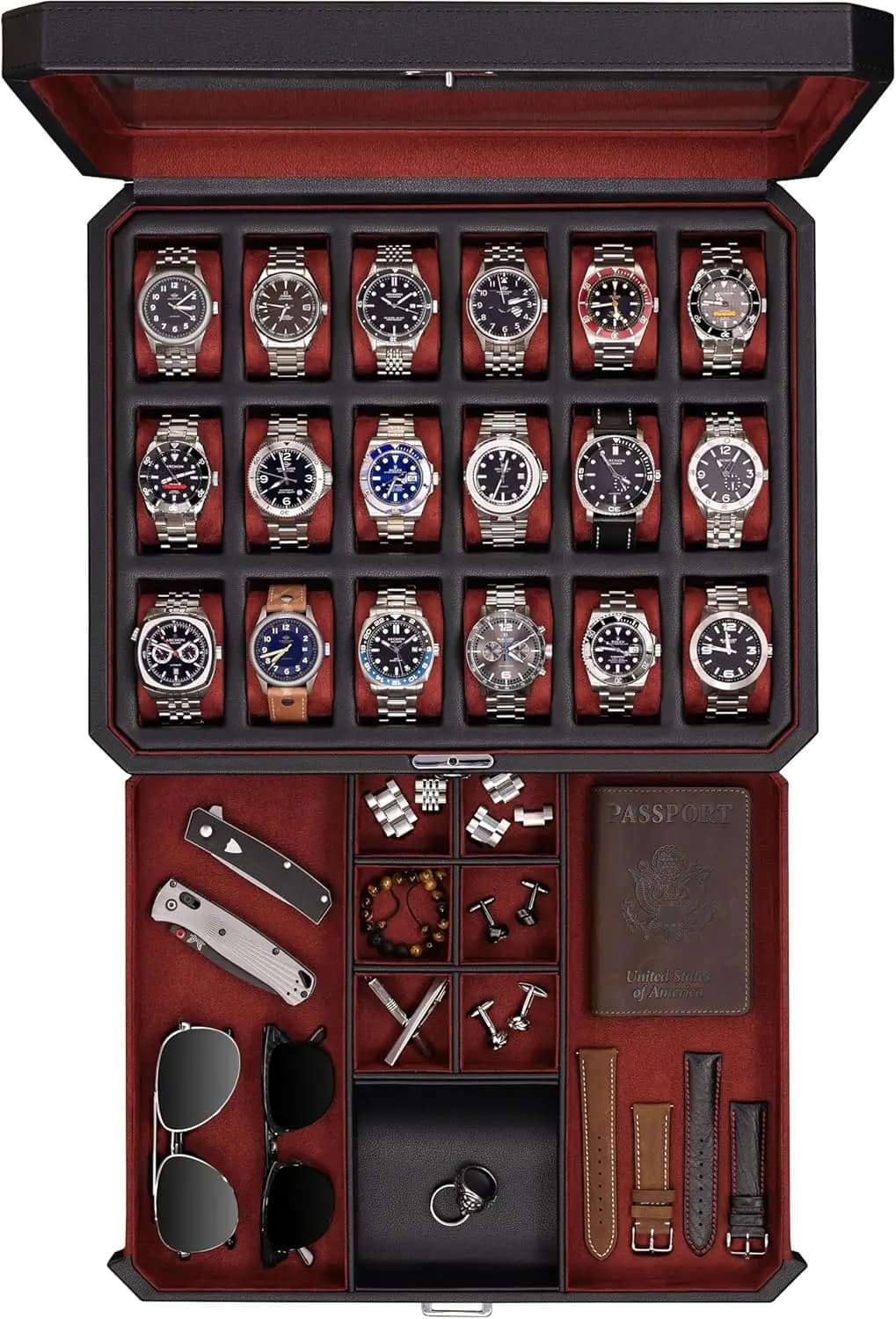Scatola portaorologi a 18 scomparti con cassetto – Coperchio in vero vetro, espositore con serratura per uomo (Nero/Rosso)