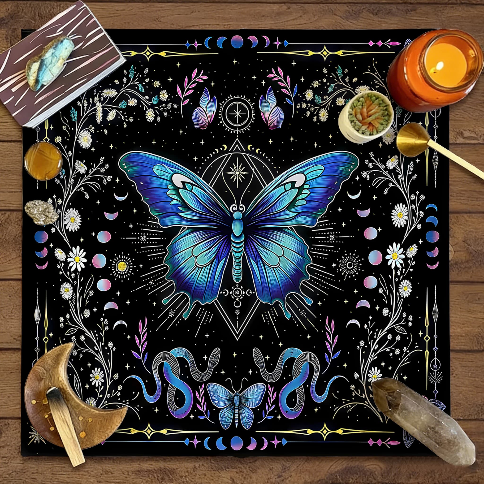 1 pz Telo per Carte dei Tarocchi con Design Bohemien Farfalla e Fasi Lunari, Telo per Lettura Tarocchi Sole Luna, Telo Altare Nero, Telo Altare per Feste