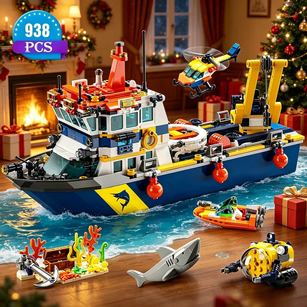 Set di costruzioni Nave Esploratrice Oceanica, Divertente Kit di Costruzione Barca Esplorativa, Elicottero, Sottomarino, Regali di Compleanno per Bambini