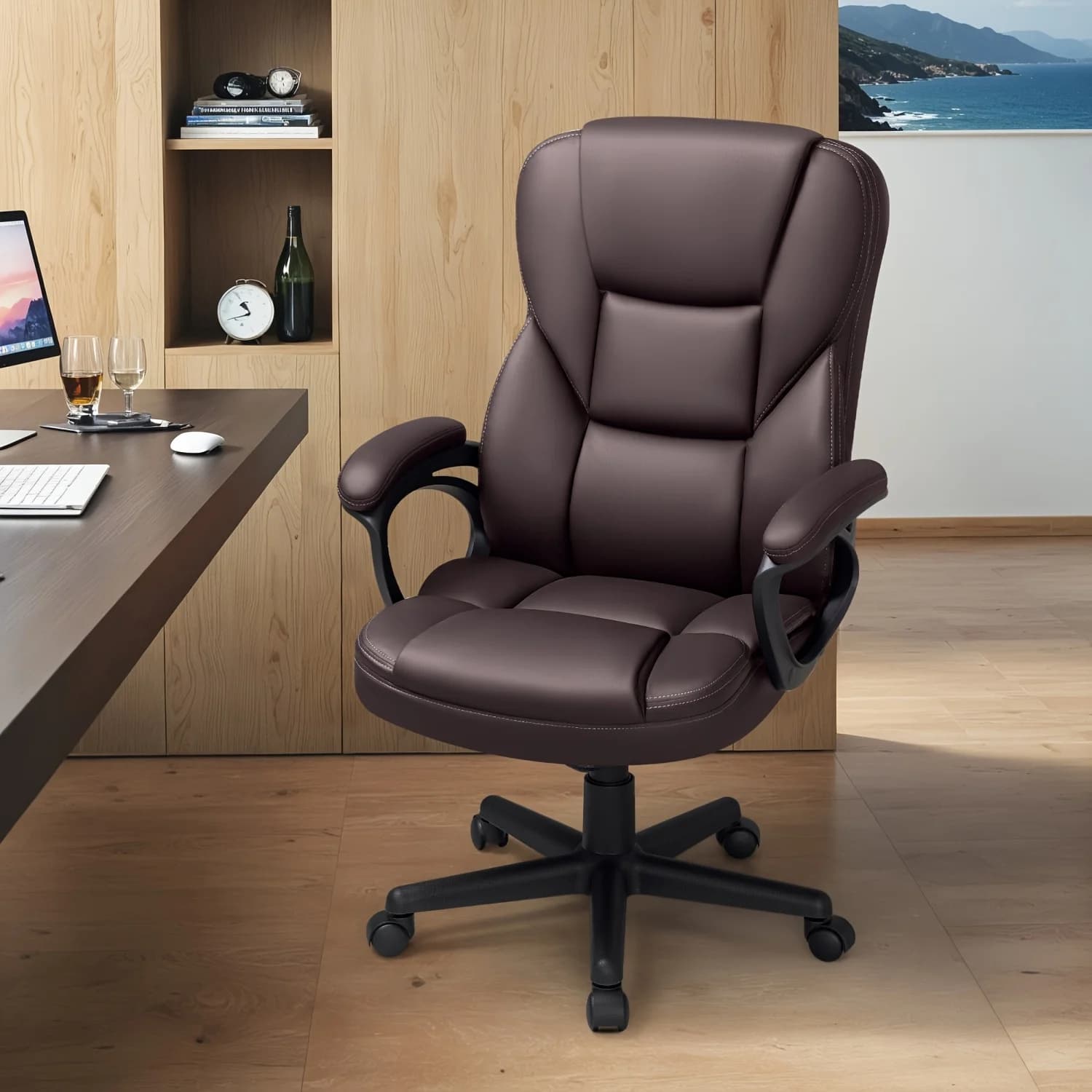 Sedia da ufficio direzionale ergonomica Sedia da scrivania in pelle regolabile in altezza con schienale alto con comodo poggiatesta imbottito ispessito