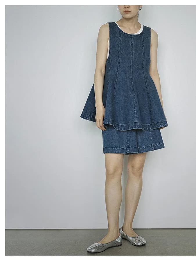 Spring Summer Cute Washed Denim Slim Fit Vest Shirt Women's A-Line Skirt Deep Blue Jeans Short Style round Neck Cotton 100%