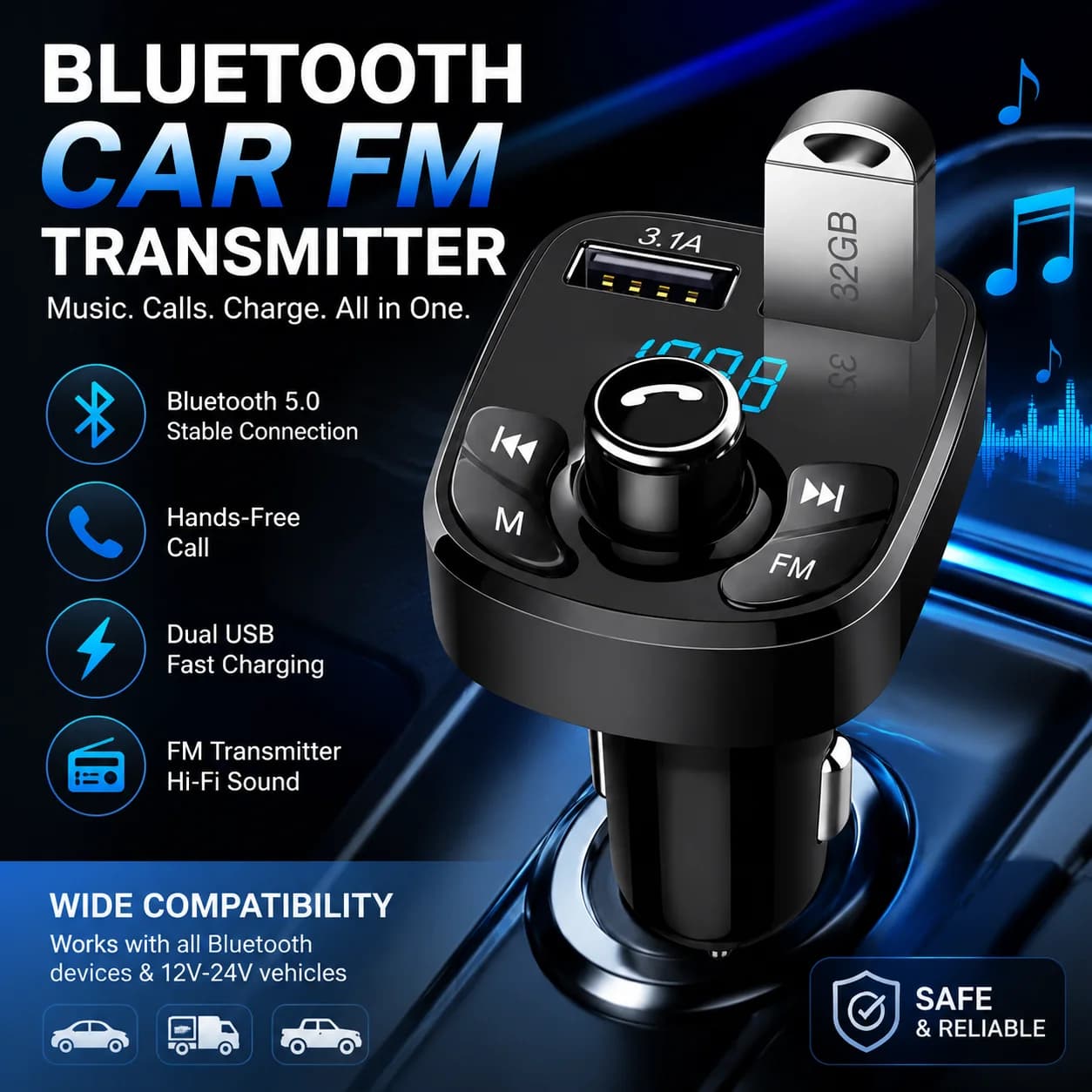 Car Handsfree Bluetooth5.0 FM Transmitter Kit MP3 Modulator Player Audio Receiver Fast Charger Car Accessories