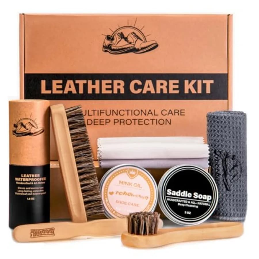 CUTEUP Kit per la Cura delle Calzature in Pelle: Olio di Visone, Sapone per Pelle, Spazzola per Scarpe, Cera Impermeabilizzante, Detergente e Balsamo per Pelle