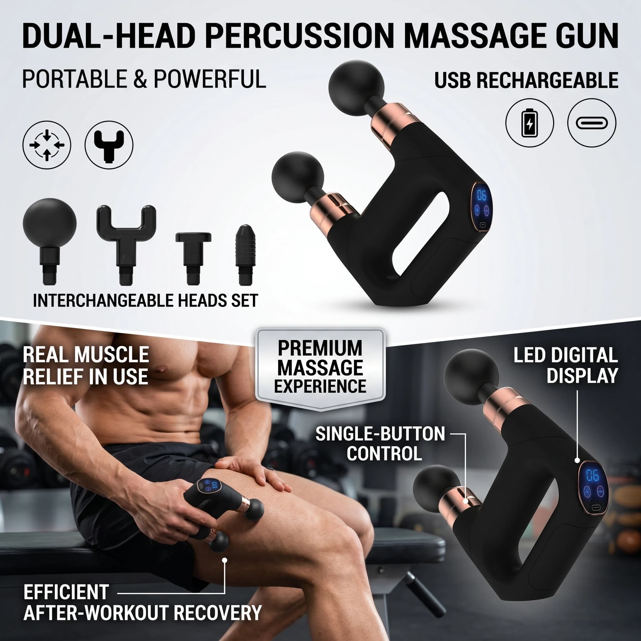 New LCD Style Portable Handheld Mini Fitness Product Electric Muscle Relaxation Double Head Fascia Gun Massager USB Massager Gun