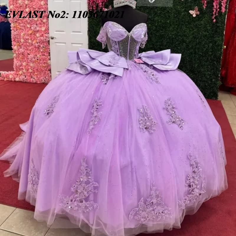 EVLAST Personalizzato Lilla Scintillante Abito Quinceanera Abito di Sfera Applique di Pizzo Che Borda Arco Corsetto Dolce 16 Abiti Da 15 Anos E2Q41