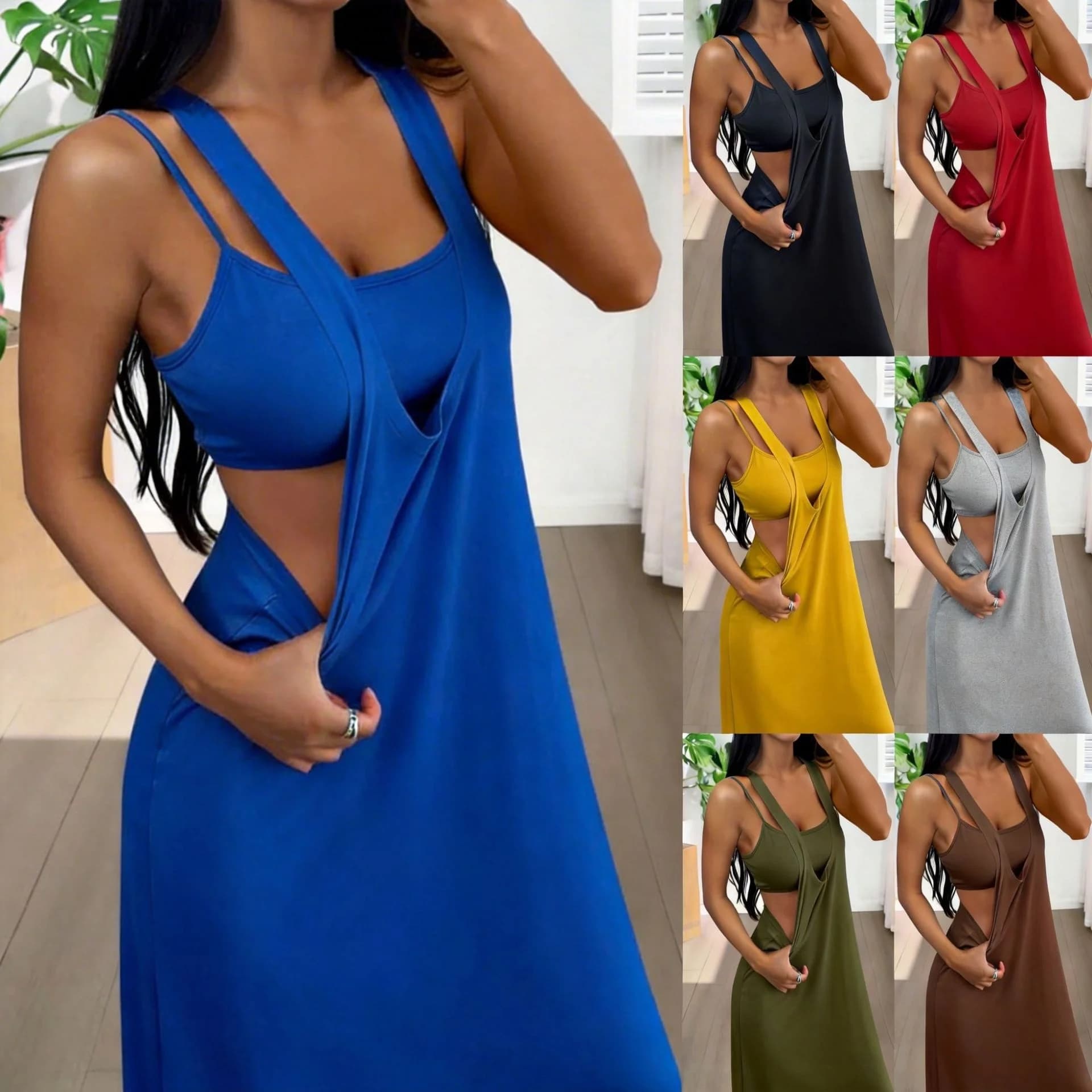 2026 New Elegant Women's Dress Two-Piece Set Cross-Border Loose Waist Knitted Polyester Casual Straight Cut Sleeveless Gown