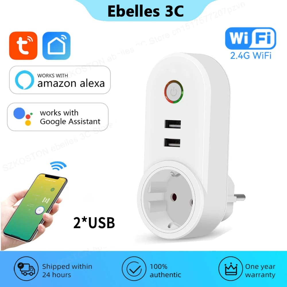Tuya Smart Life Wifi Smart Plug with 2 USB sockets EU power charger Phone timer Voice control for Alexa Google Home