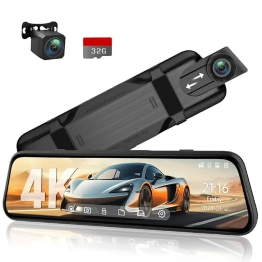 Telecamera Retrovisiva 4K con Specchietto da 10'' e Dash Cam 4K con Telecamera di Retromarcia 1080P per Display Cruscotto Auto, Controllo Vocale e Monitoraggio Parcheggio 24H