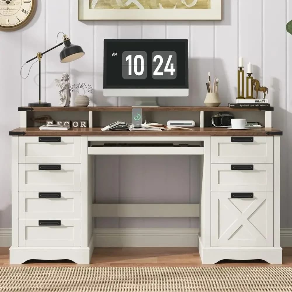 60 Computer Desk with 8 Drawers, Power Outlets, Keyboard Tray & Monitor Stand, Wood Office Desk for Home, Writing Desk Workstati