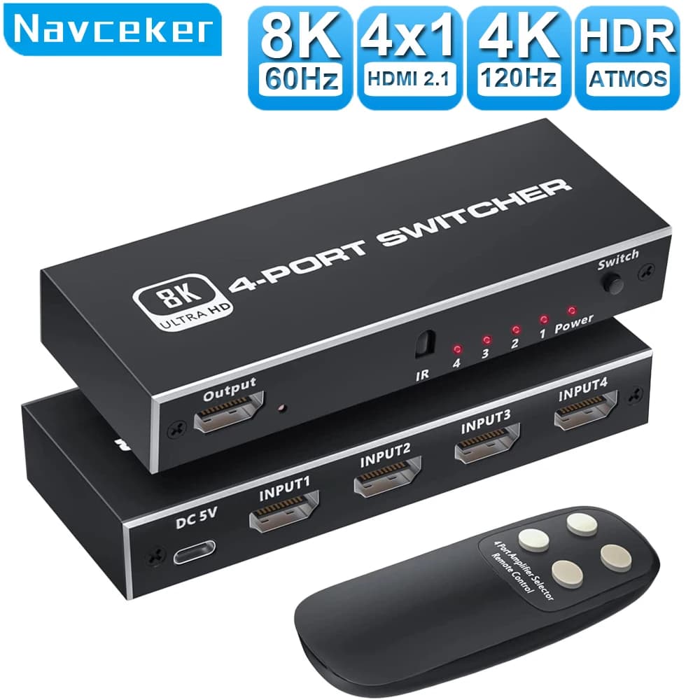 HDMI 2.1 compatible 4 in 1 out 2 in 1 out 8K 60Hz 4K 120Hz with IR remote control for PS5 PS4 Projector