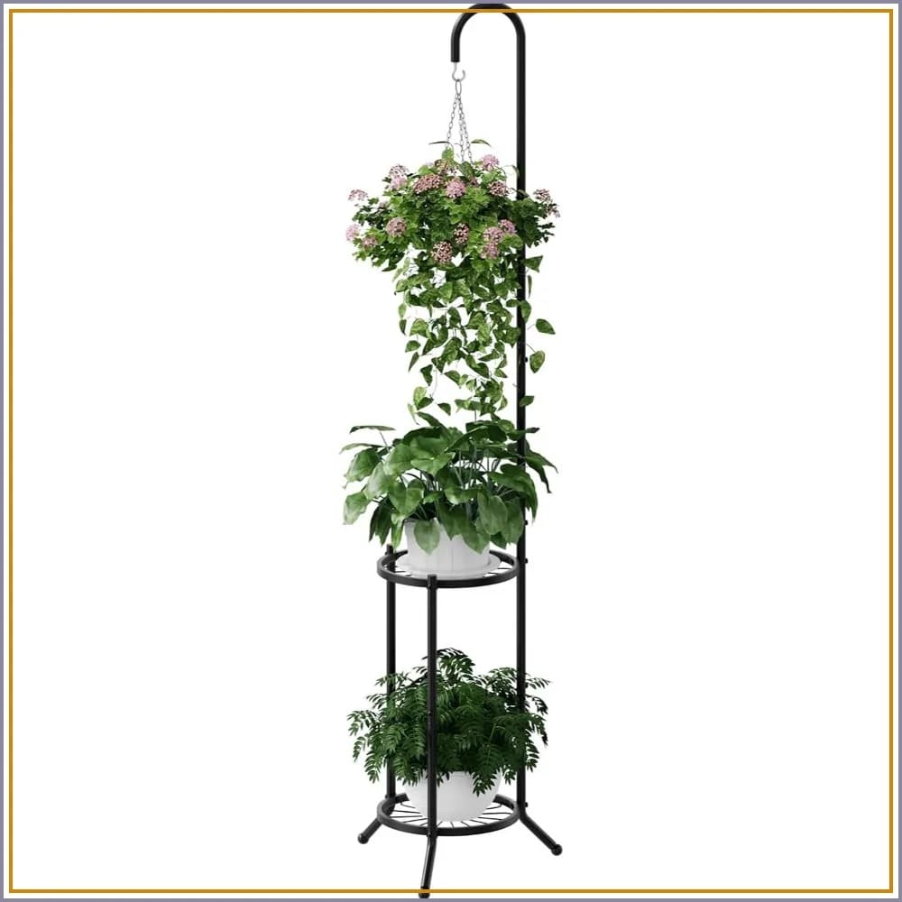 2-Tier Hanging Plant Stand Indoor Outdoor Space-Saving Iron Plant Shelf with S-Hooks for 3 Pots Bedroom Balcony Patio Garden
