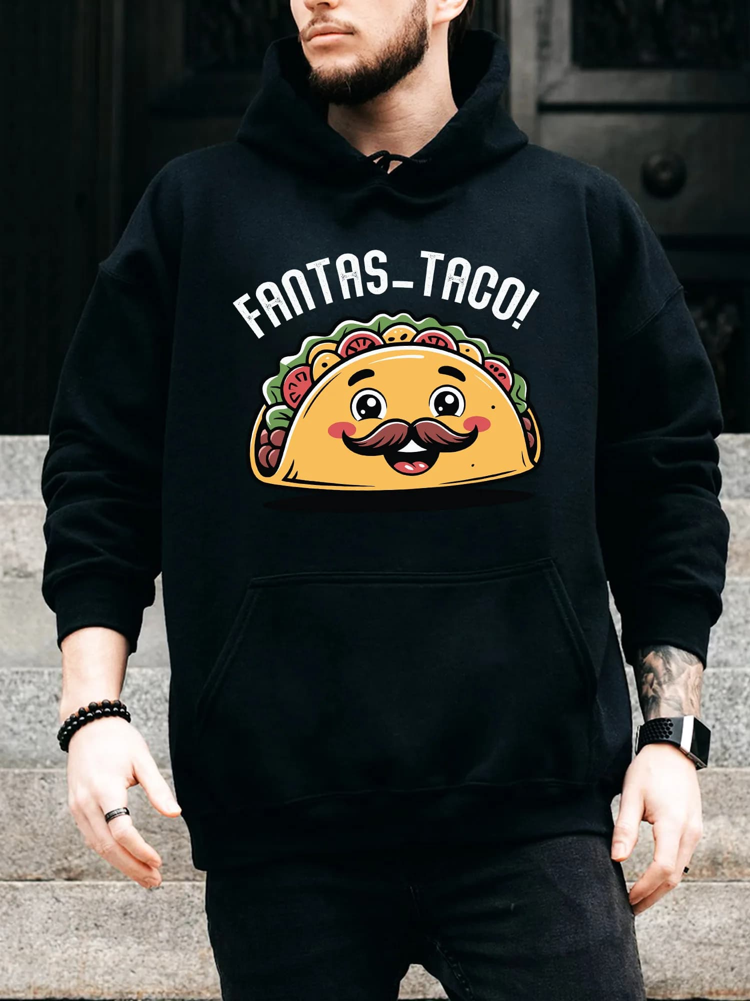 Fantas Taco Felpa con cappuccio da uomo con coulisse - Pullover nero casual e confortevole, felpa con cappuccio autunno e inverno