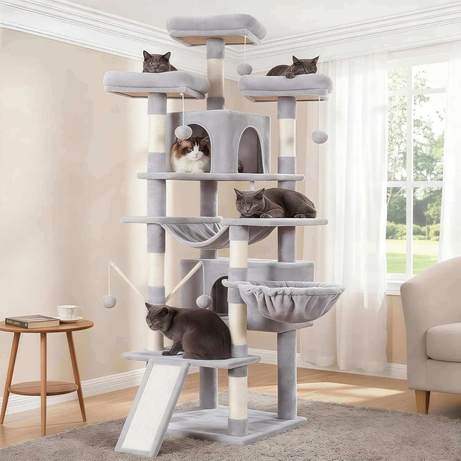 Albero per gatti, 180 cm XL, grande torre per gatti da interno, casetta multi-livello con 3 posizioni imbottite, grande tiragraffi, accogliente