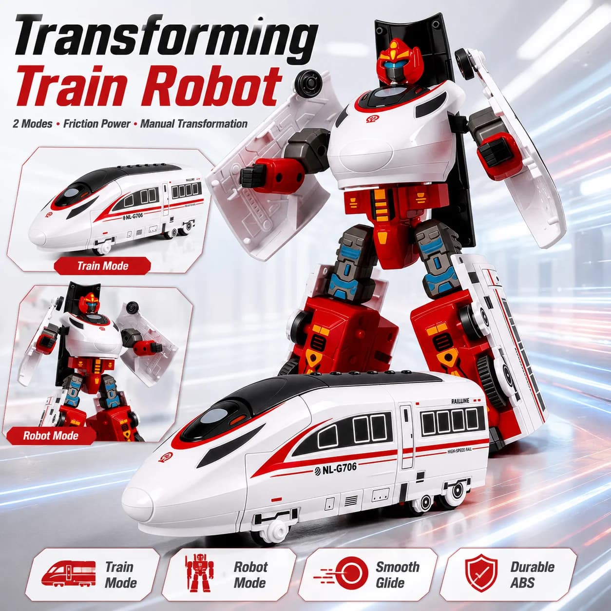 Inertia Bullet Train Mecha Toy for Boys, Manual Transforming Railway Robot Action Figure, Educational Imaginative Play Kids Gift