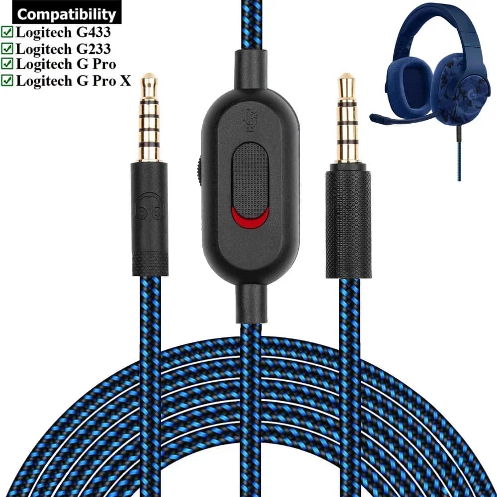 Logitech G433 G233 G Pro X Gaming Headphone Replacement Extension Cable with Microphone Mute Volume Control Clip