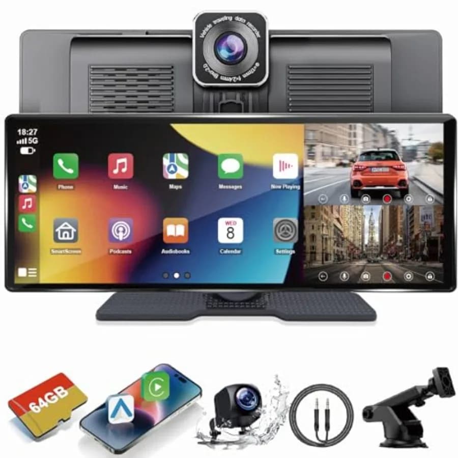 Schermo CarPlay portatile per auto: 10,26 pollici, plastica ABS nera, supporto wireless per Apple CarPlay e Android Auto con dash cam frontale 1