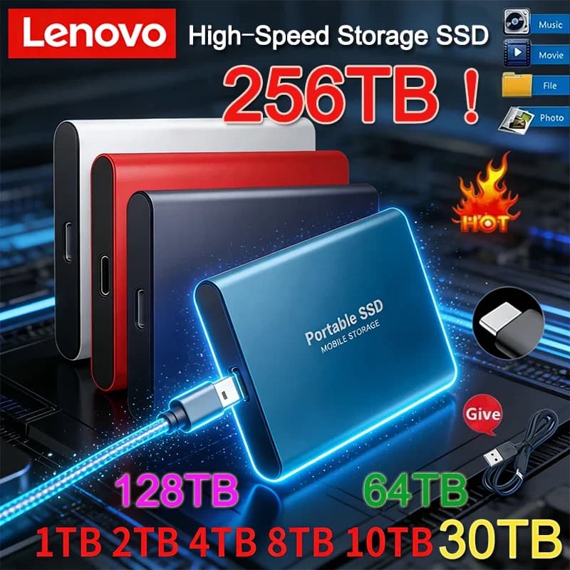 Disco a Stato Solido Lenovo 256TB 1TB Disco Rigido Esterno 2TB Disco ad Alta Velocità USB3.1 SSD Portatile 128TB per PC/Laptop/Mac/Telefono