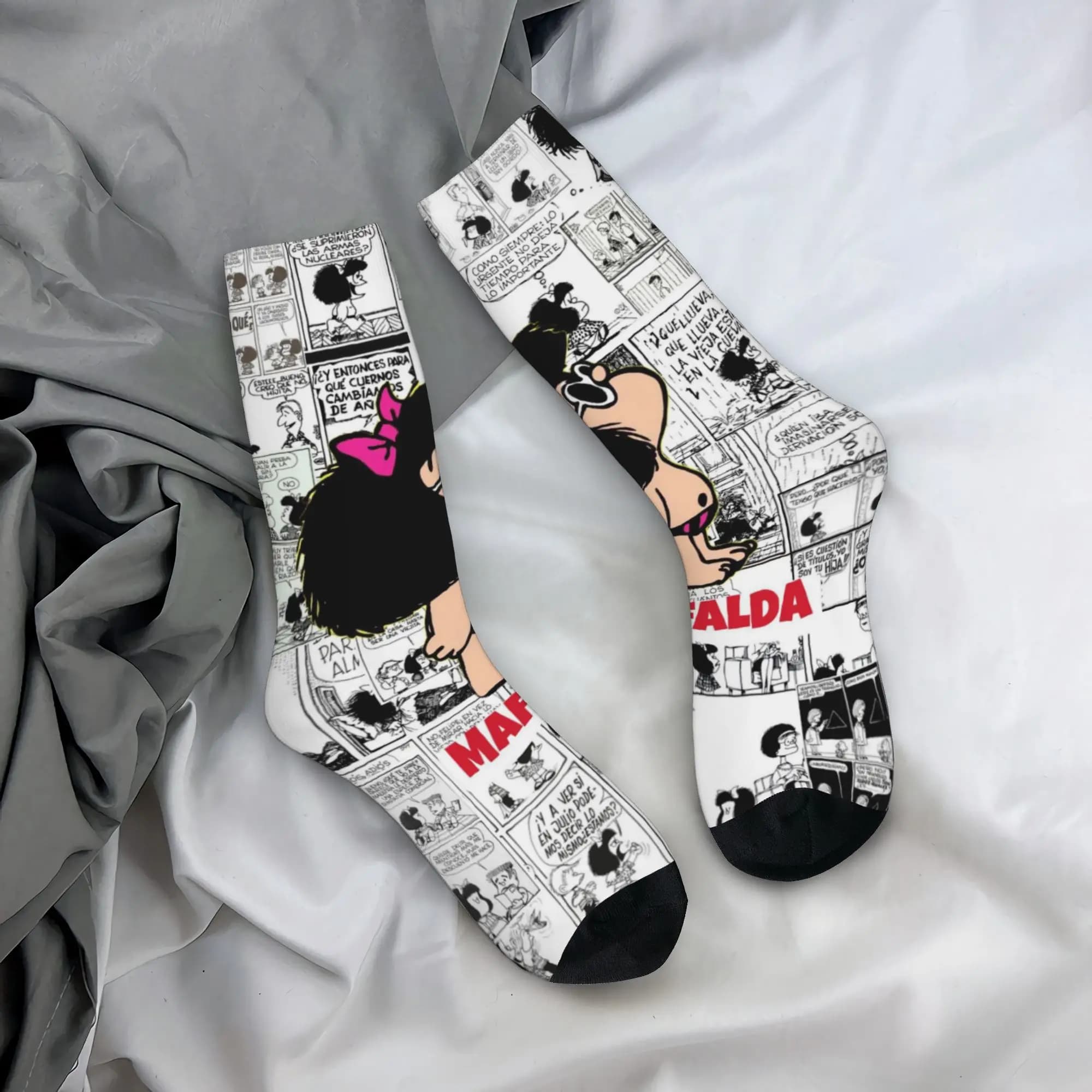 Custom Cute Printed Humor M-Mafalda Socks for Women Men Stretchy Summer Autumn Winter Cartoon Quino Manga Crew Socks