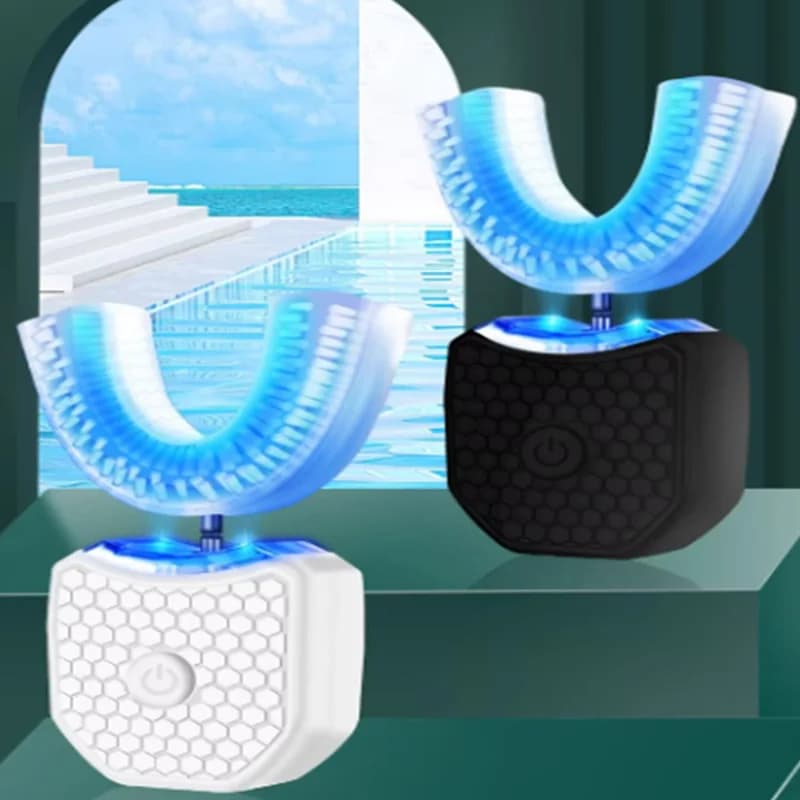Lampada sbiancante per denti, spazzolino sonico wireless a forma di U, 360 ° Set di spazzolini da denti automatici in silicone ad ultrasuoni per persone pigre