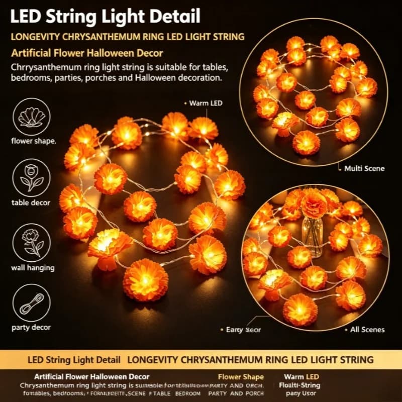 Hanging Flower String Lights Halloween Bedroom Decor Indoor Decorative Lighting Lamp Warm Ambience Atmosphere Light Gift
