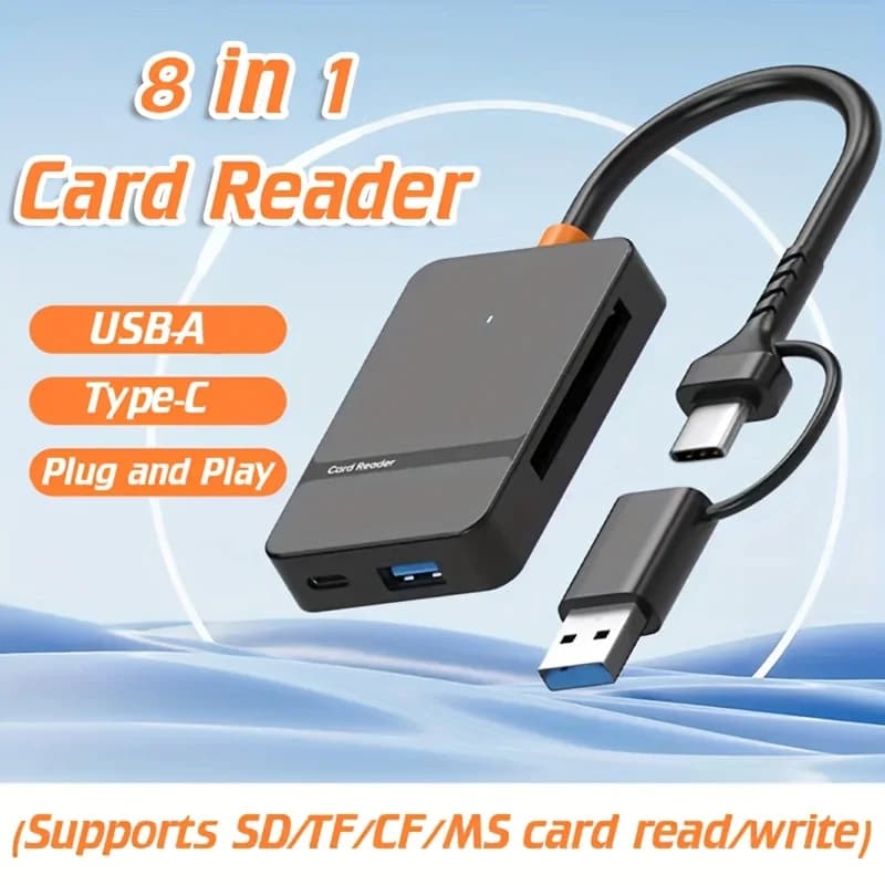 8-in-1 USB-C/USB-A Card Reader Hub, Multi-Function Adapter for SD/TF/CF/MS Cards, plug and play High-Speed Data Transfer