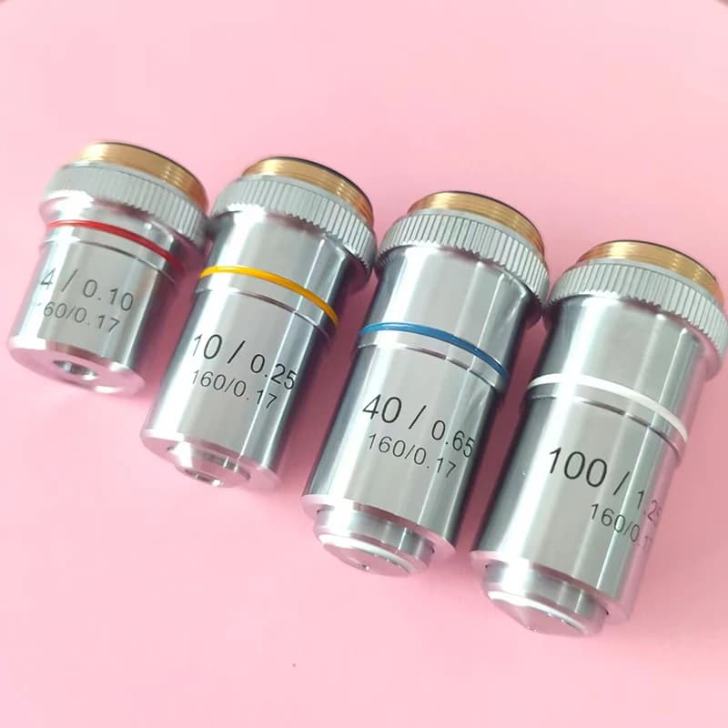 Biological Microscopes Lens 4X 10X 40X 100X(oil) Achromatic Objective Lens Silver Shell